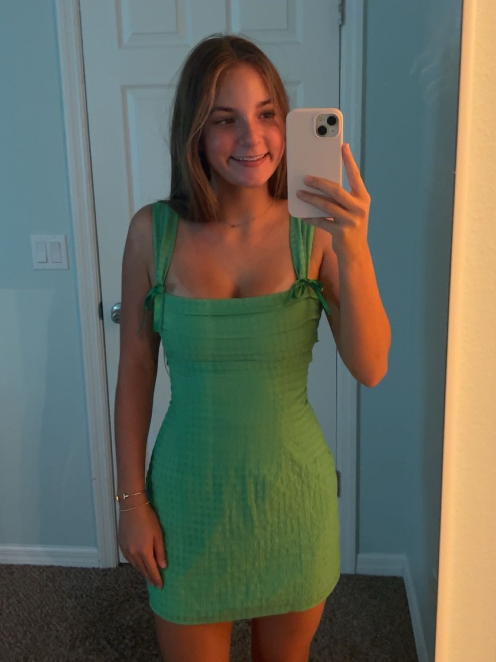 Beginning Boutique Homecoming Dress Green Textured Mini Dress with Ribbon Straps